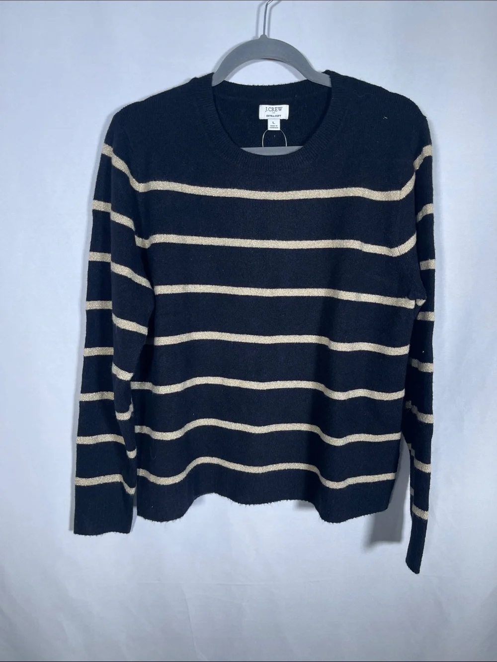 J. CREW WOMENS GOLD SHIMMER STRIPE CREWNECK SWEATER BLACK EXTRA SOFT LARGE NEW